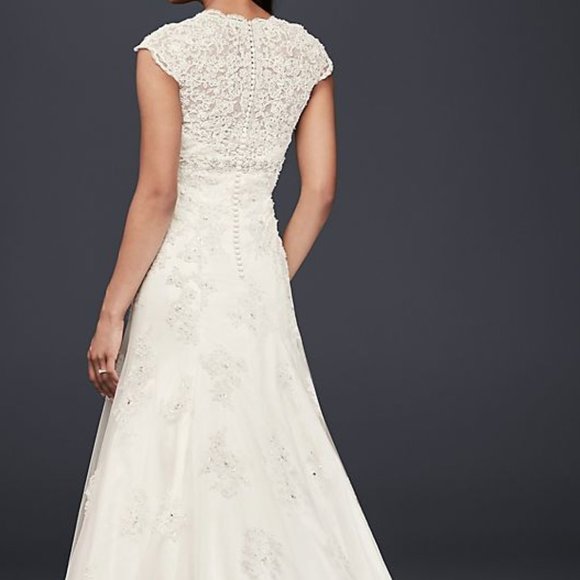 David's Bridal Cap Sleeve Lace Over Satin Wedding Dress Ivory T3299 NWOT - Picture 4 of 13